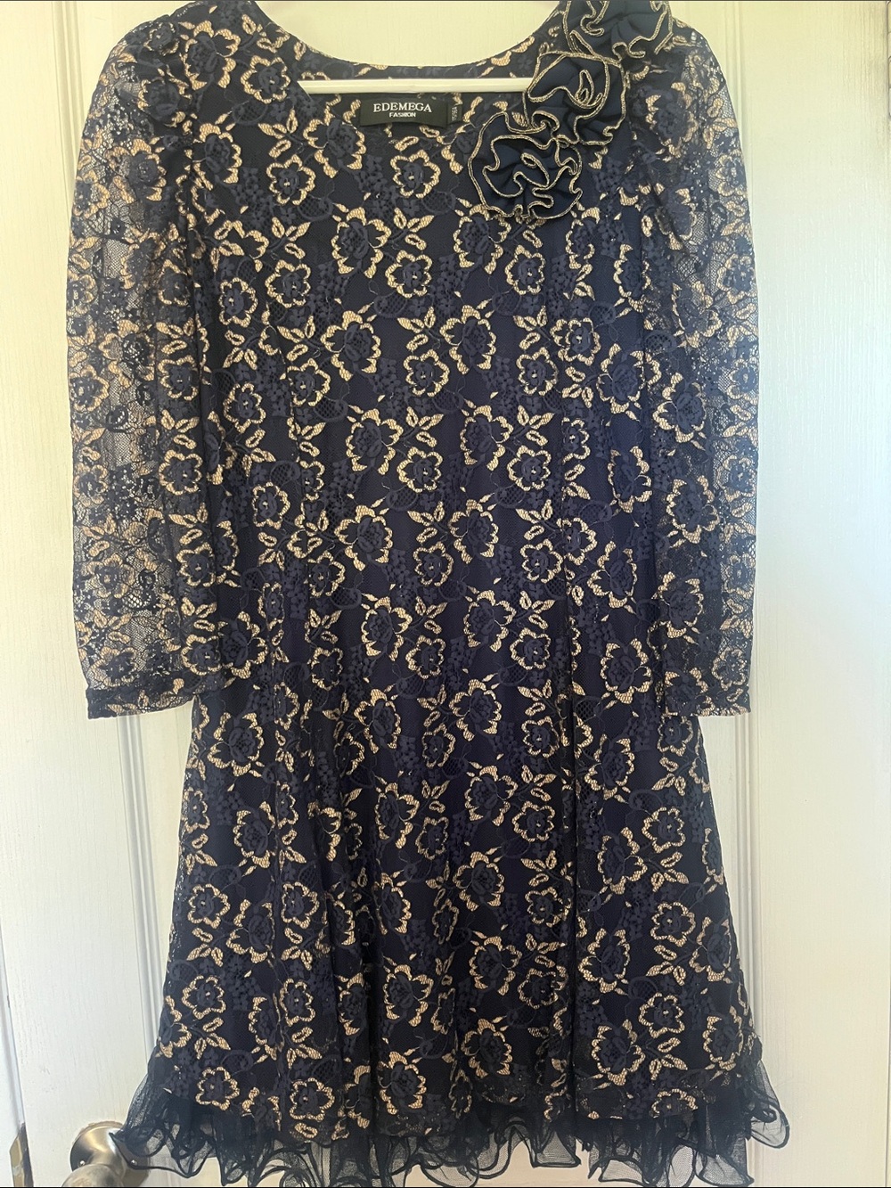 Retro-1980’s Navy & Gold Lace Cocktail Dress with Rosettes and Crinoline-edge.